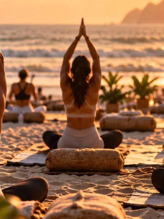 Prática de yoga na areia, de frente para o mar