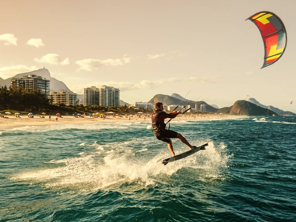 Kitesurfista sobre as ondas, com a orla da Barra e as montanhas ao fundo